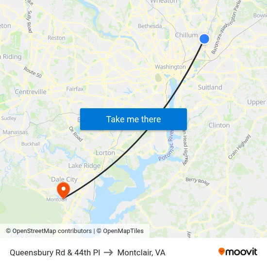 Queensbury Rd & 44th Pl to Montclair, VA map