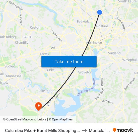 Columbia Pike + Burnt Mills Shopping Center to Montclair, VA map