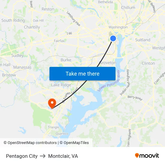 Pentagon City to Montclair, VA map
