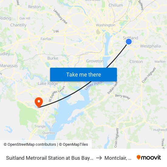 Suitland Metrorail Station at Bus Bay D to Montclair, VA map