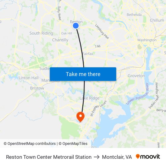 Reston Town Center Metrorail Station to Montclair, VA map