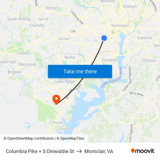 Columbia Pike + S Dinwiddie St to Montclair, VA map