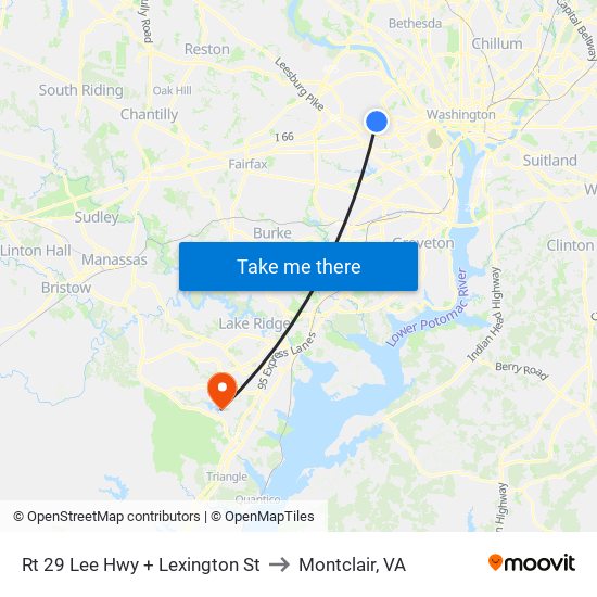 Rt 29 Lee Hwy + Lexington St to Montclair, VA map