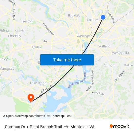 Campus Dr + Paint Branch Trail to Montclair, VA map