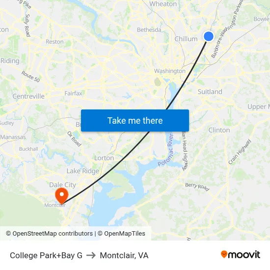College Park+Bay G to Montclair, VA map