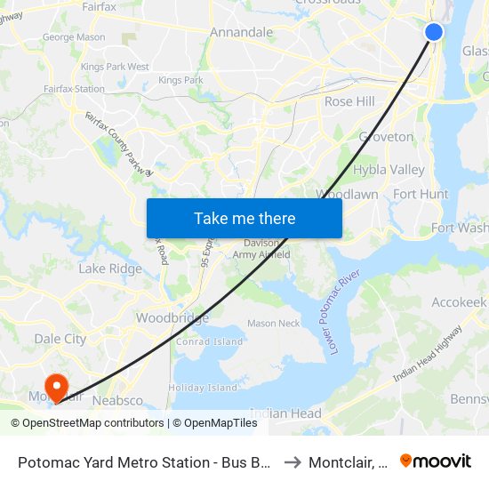 Potomac Yard Metro Station - Bus Bay B to Montclair, VA map