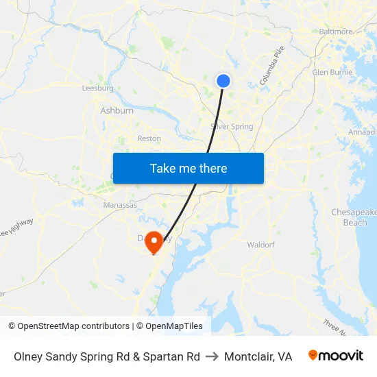 Olney Sandy Spring Rd & Spartan Rd to Montclair, VA map