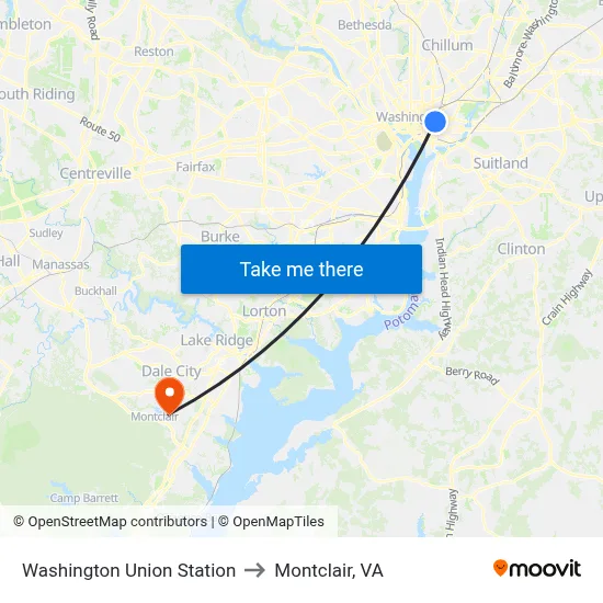 Washington Union Station to Montclair, VA map