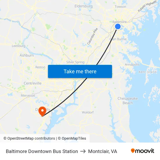 Baltimore Downtown Bus Station to Montclair, VA map