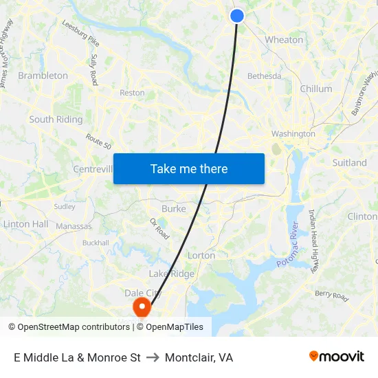 E Middle La & Monroe St to Montclair, VA map
