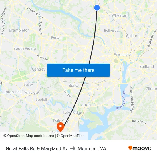Great Falls Rd & Maryland Av to Montclair, VA map