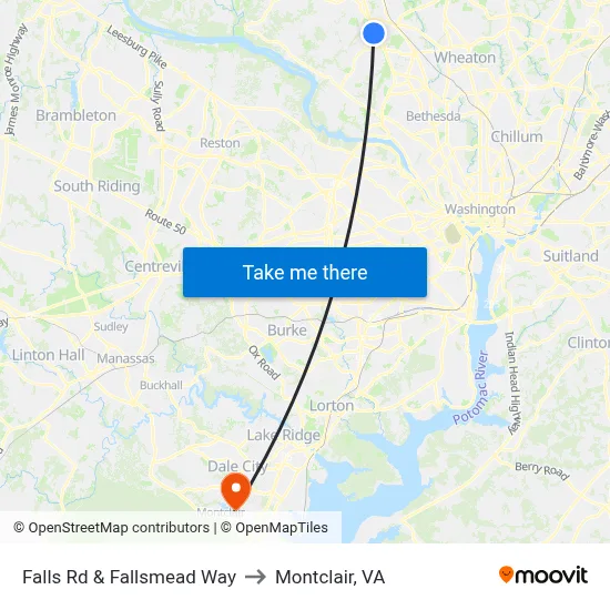 Falls Rd & Fallsmead Way to Montclair, VA map
