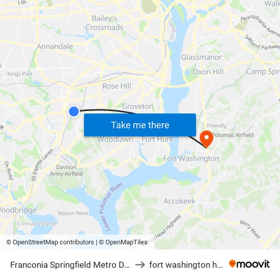 Franconia Springfield Metro Departures to fort washington hospital map