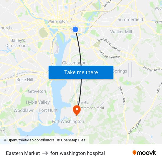 Eastern Market to fort washington hospital map