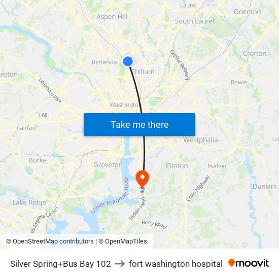 Silver Spring+Bus Bay 102 to fort washington hospital map