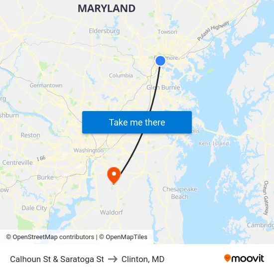 Calhoun St & Saratoga St to Clinton, MD map
