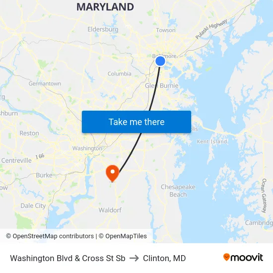 Washington Blvd & Cross St Sb to Clinton, MD map