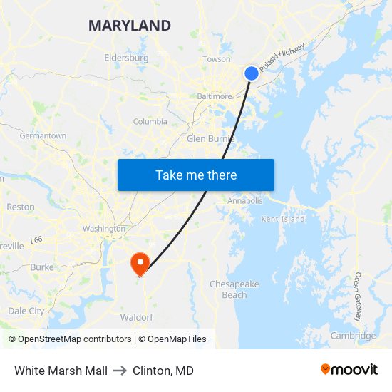 White Marsh Mall to Clinton, MD map