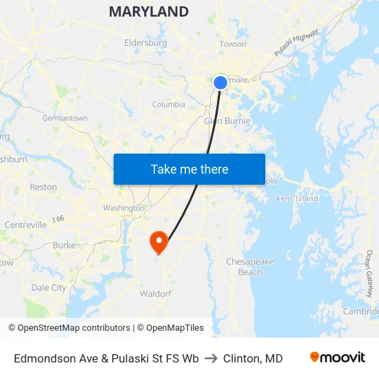 Edmondson Ave & Pulaski St FS Wb to Clinton, MD map