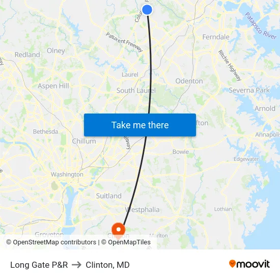 Long Gate P&R to Clinton, MD map