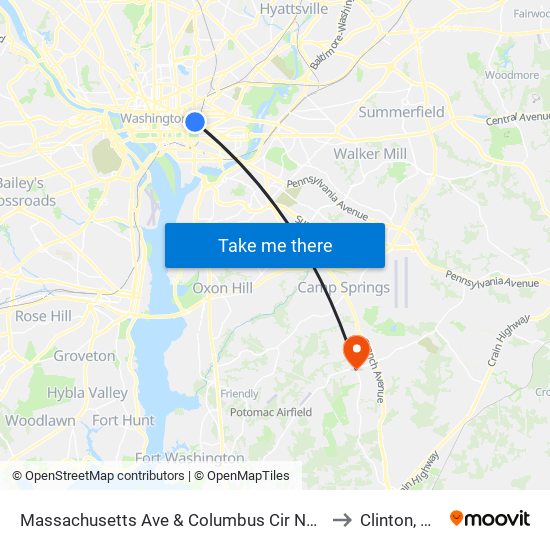 Massachusetts Ave & Columbus Cir NE Eb to Clinton, MD map
