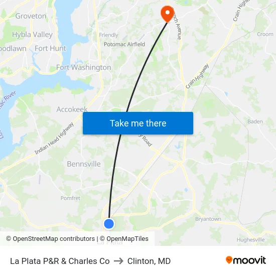 La Plata P&R & Charles Co to Clinton, MD map