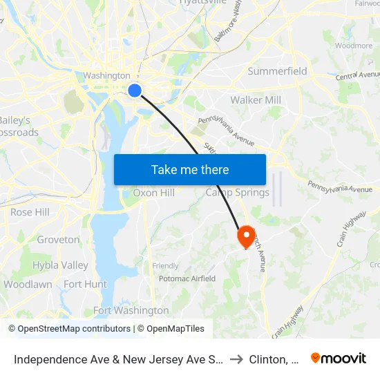 Independence Ave & New Jersey Ave SE Eb to Clinton, MD map
