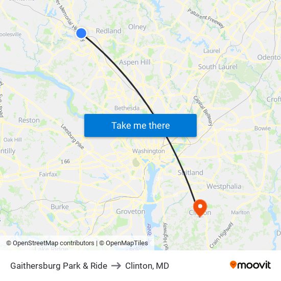 Gaithersburg Park & Ride to Clinton, MD map