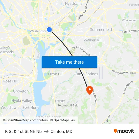K St & 1st St NE Nb to Clinton, MD map