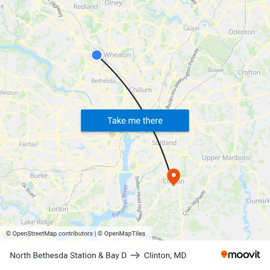 North Bethesda Station & Bay D to Clinton, MD map
