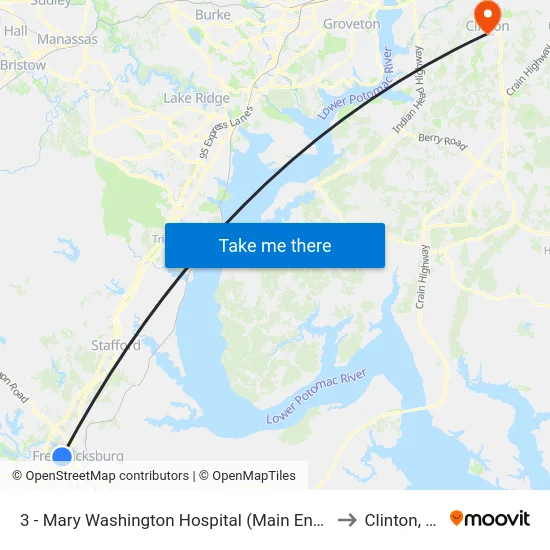 3 - Mary Washington Hospital (Main Entrance) to Clinton, MD map