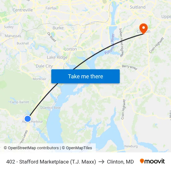 402 - Stafford Marketplace (T.J. Maxx) to Clinton, MD map