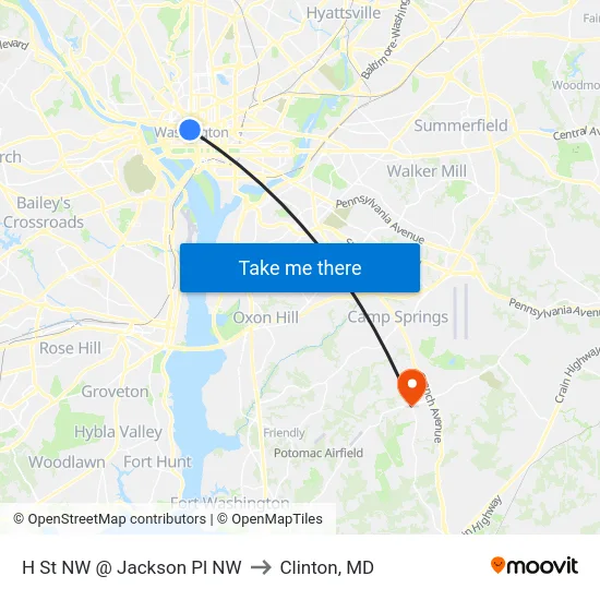 H St NW @  Jackson Pl NW to Clinton, MD map