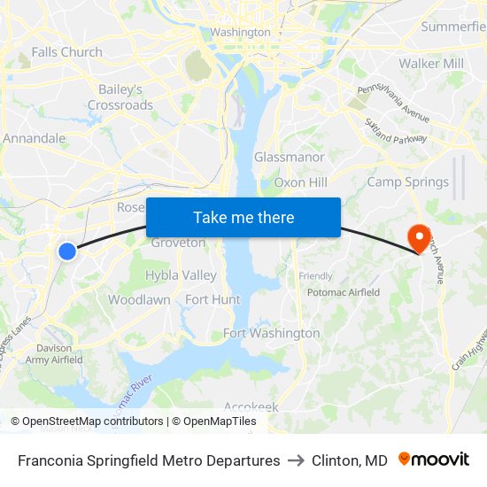 Franconia Springfield Metro Departures to Clinton, MD map