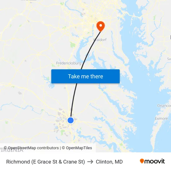 Richmond (E Grace St & Crane St) to Clinton, MD map