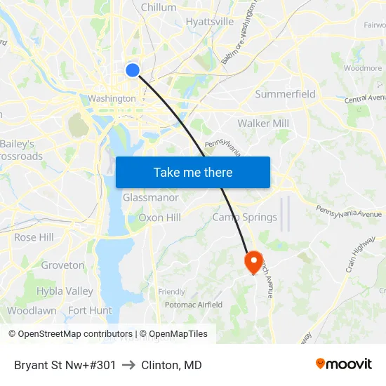 Bryant St Nw+#301 to Clinton, MD map