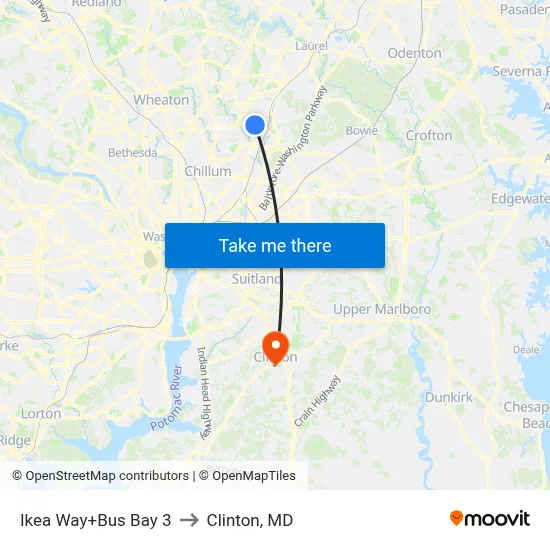 Ikea Way+Bus Bay 3 to Clinton, MD map