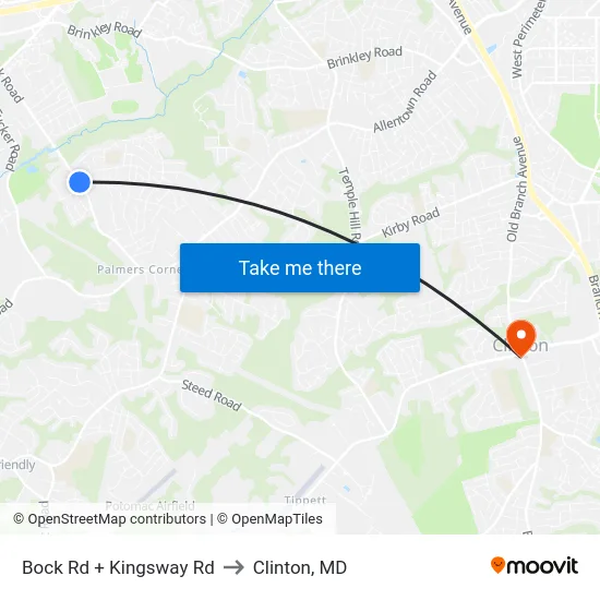 Bock Rd + Kingsway Rd to Clinton, MD map