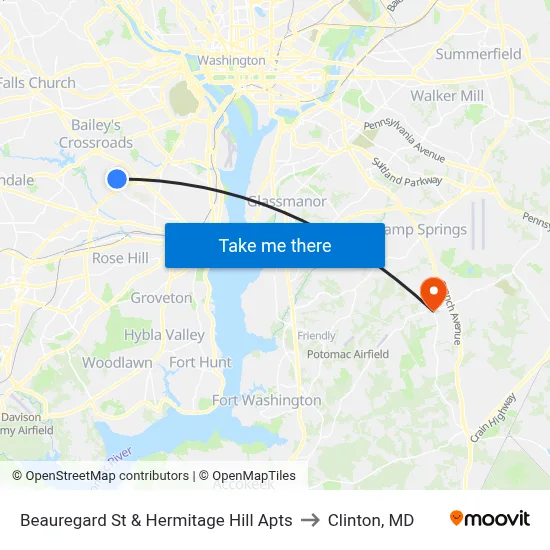 Beauregard St & Hermitage Hill Apts to Clinton, MD map