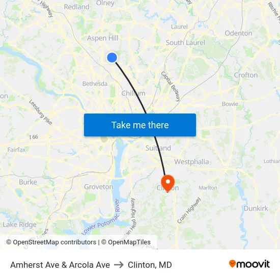 Amherst Ave & Arcola Ave to Clinton, MD map