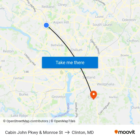 Cabin John Pkwy & Monroe St to Clinton, MD map