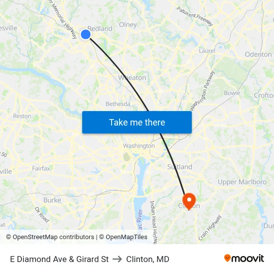 E Diamond Ave & Girard St to Clinton, MD map
