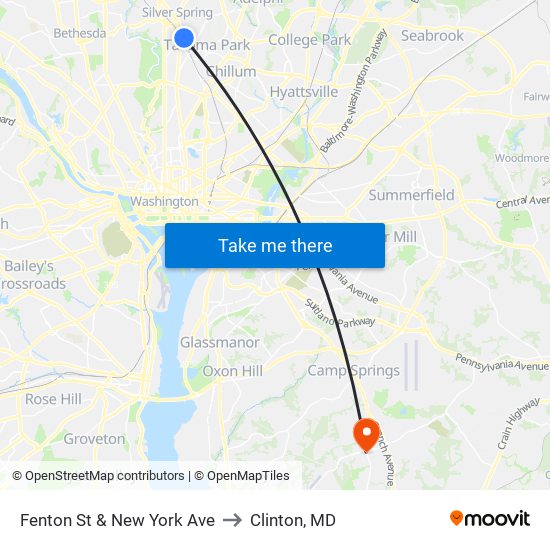 Fenton St & New York Ave to Clinton, MD map