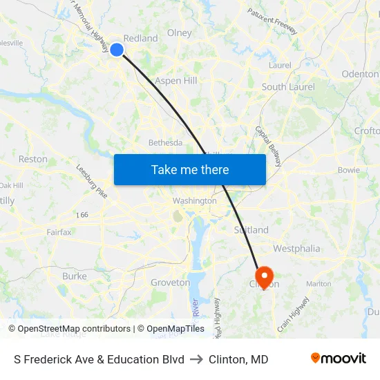 S Frederick Ave & Education Blvd to Clinton, MD map