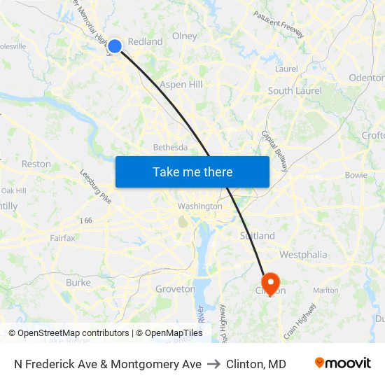 N Frederick Ave & Montgomery Ave to Clinton, MD map