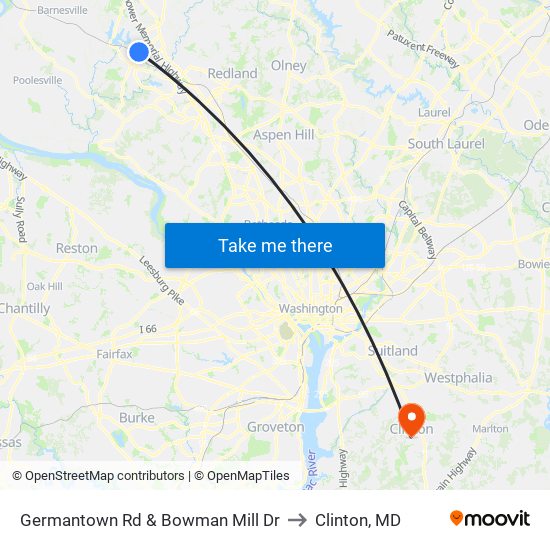 Germantown Rd & Bowman Mill Dr to Clinton, MD map