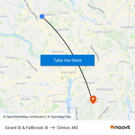 Girard St & Fallbrook St to Clinton, MD map