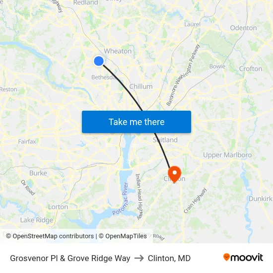 Grosvenor Pl & Grove Ridge Way to Clinton, MD map