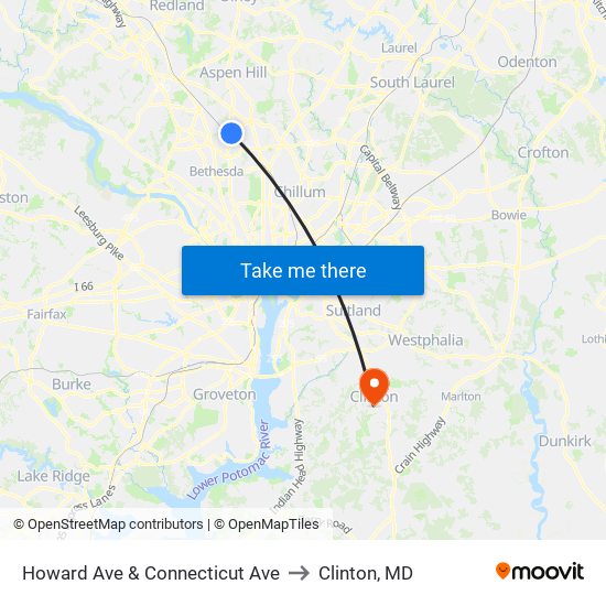 Howard Ave & Connecticut Ave to Clinton, MD map