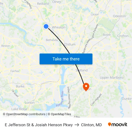 E Jefferson St & Josiah Henson Pkwy to Clinton, MD map